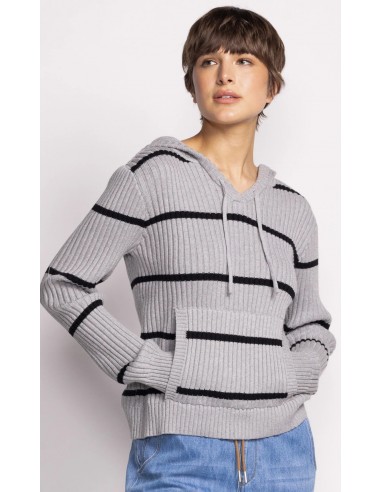 Grey Striped Ribbed Hooded Sweater Les magasins à Paris