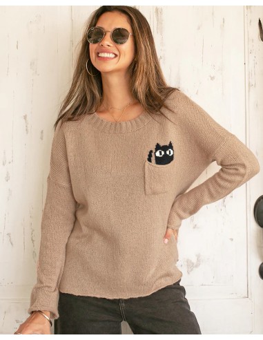 Wooden Ships Black Cat Crewneck Knit Sweater Faites des économies